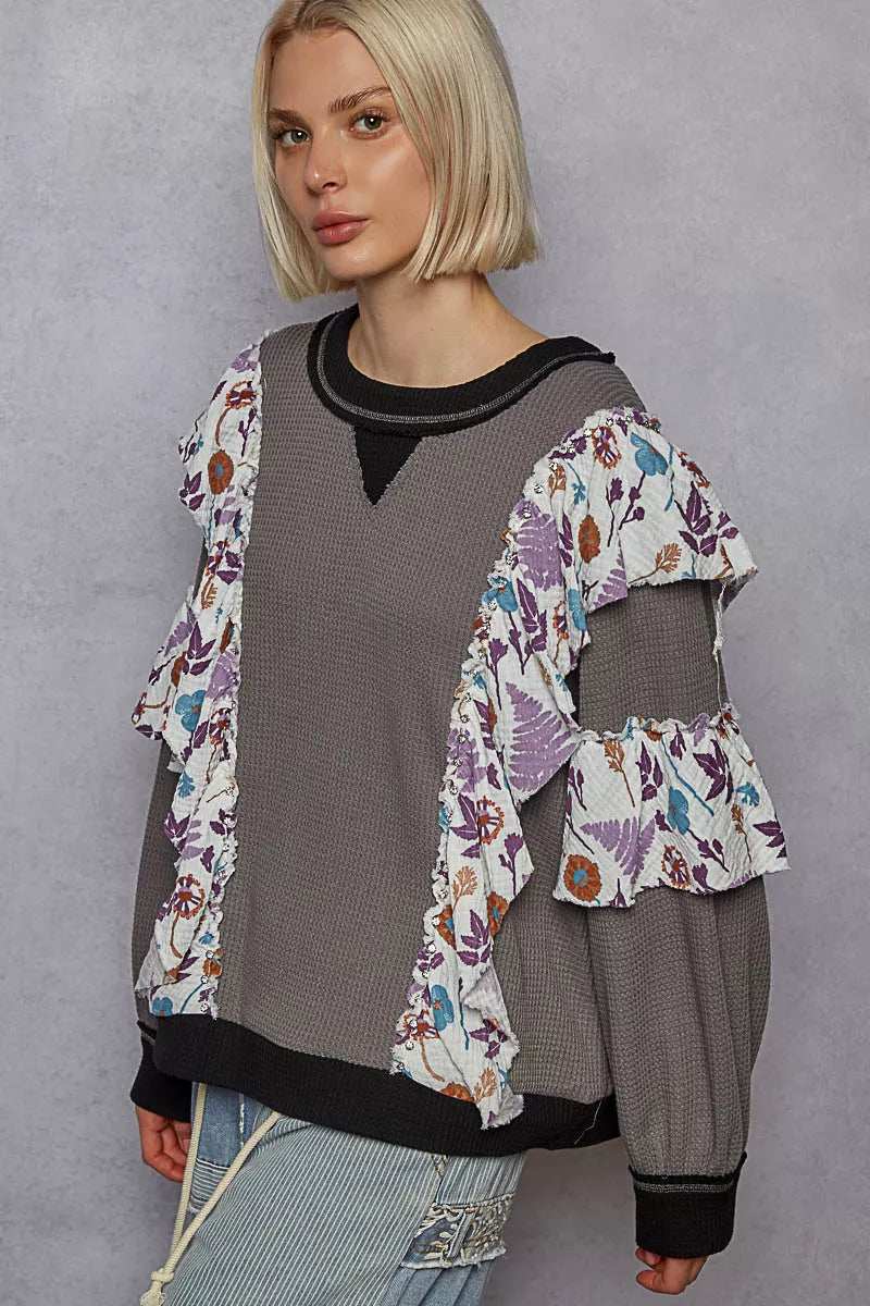 POL Round Neck Sweater with Floral Ruffle Detail - Trendsi - Flyclothing LLC