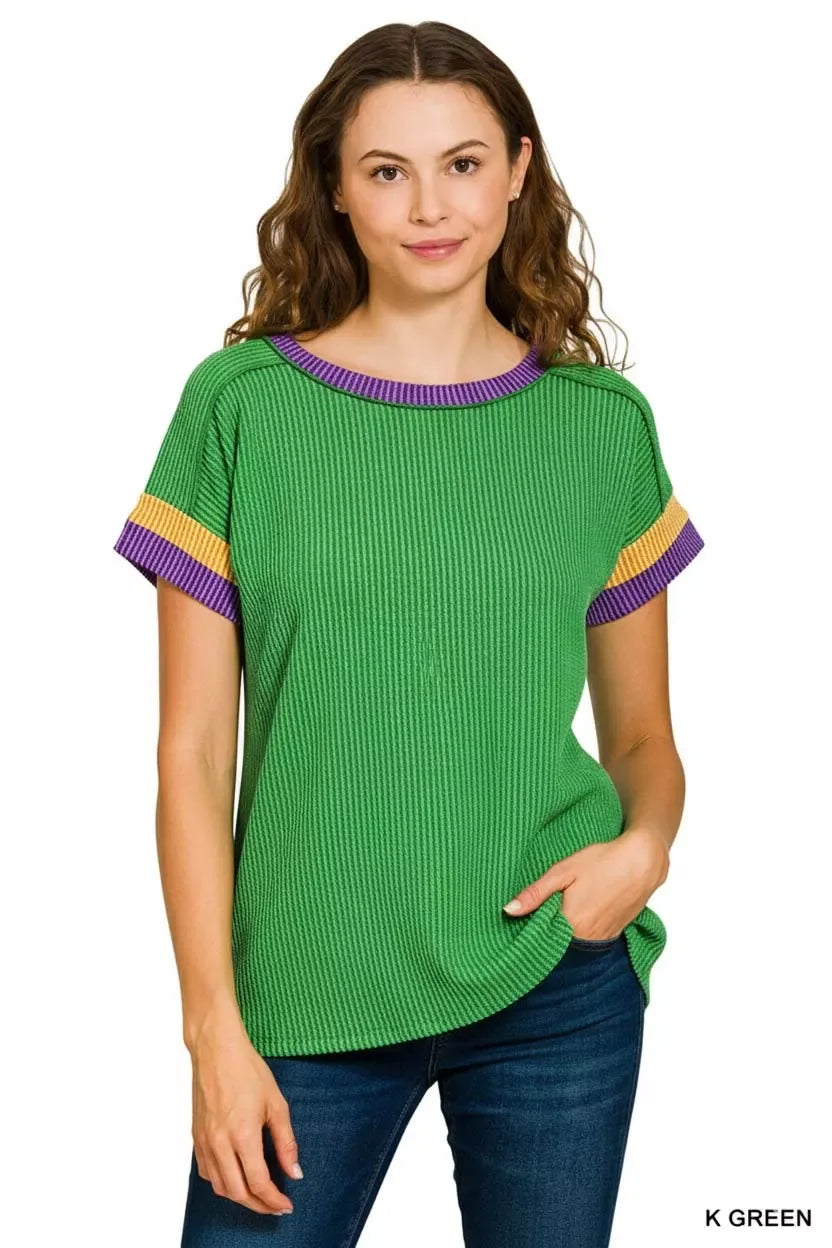 Zenana Mardi Gras Raised Rib Contrast Trim Top - Trendsi - Flyclothing LLC