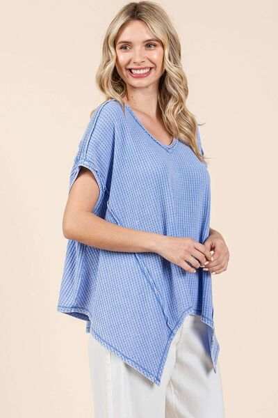 Mittoshop Mineral Wash Waffle Knit Pointed Hem Oversized Top - Trendsi - Flyclothing LLC