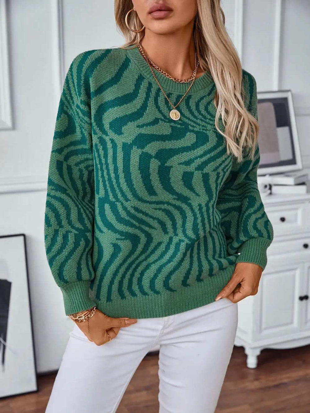 Geometric Round Neck Long Sleeve Sweater - Trendsi - Flyclothing LLC