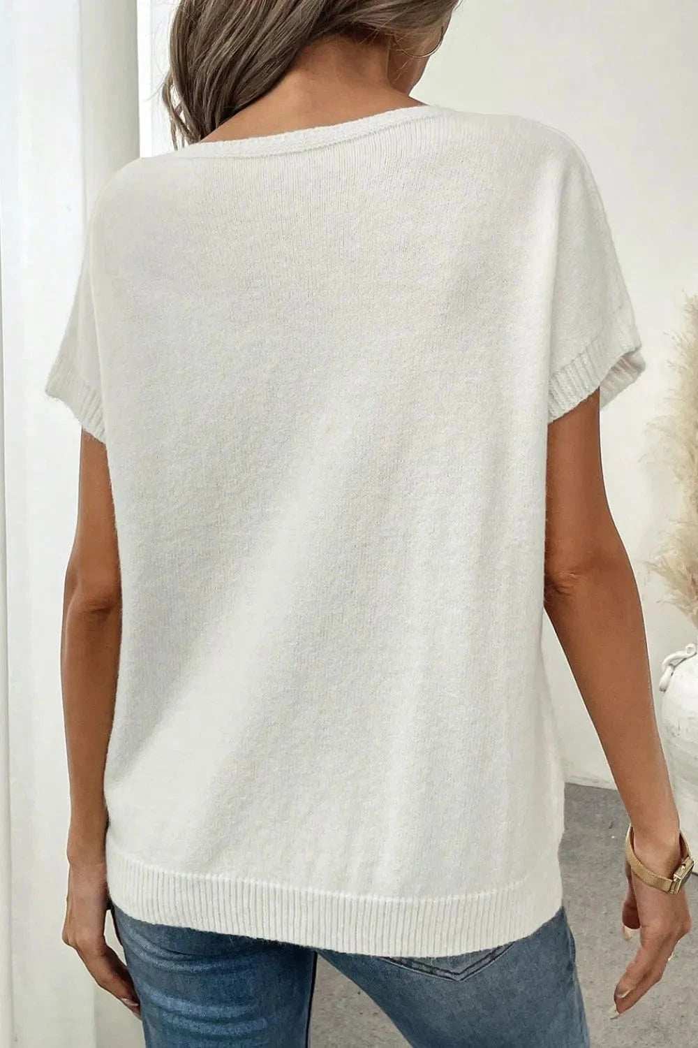 Bow Pattern Knit Short Sleeve Sweater - Trendsi - Flyclothing LLC