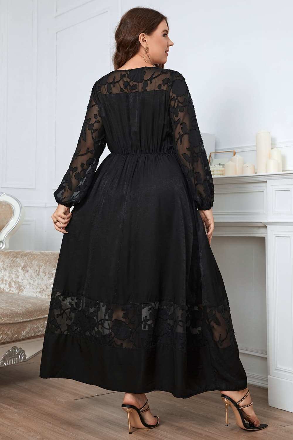 Honey Melo Apparel Plus Size Embroidery Round Neck Long Sleeve Maxi Dress - Trendsi - Flyclothing LLC