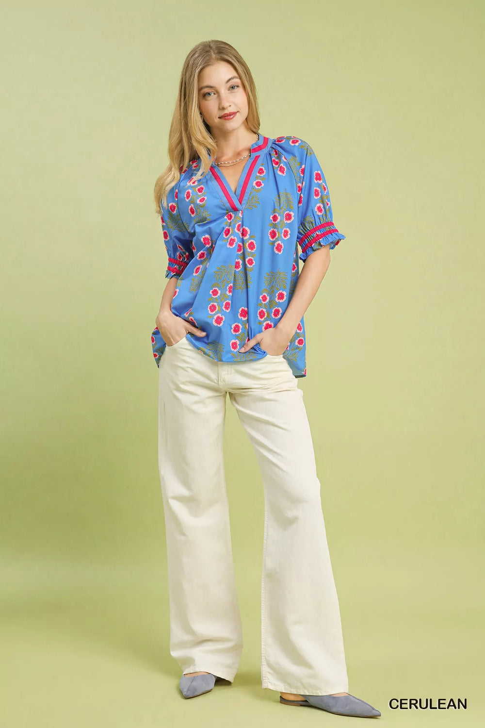 Umgee Floral V-Neck Puff Sleeve Top - Trendsi - Flyclothing LLC