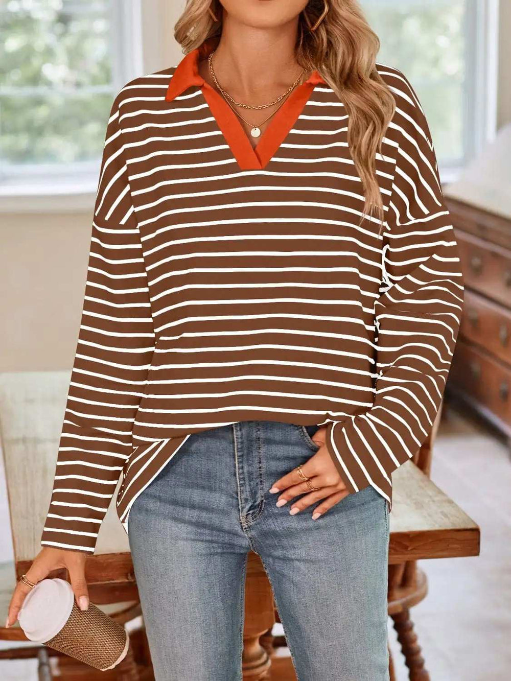 Striped Johnny Collar Long Sleeve T-Shirt - Trendsi - Flyclothing LLC
