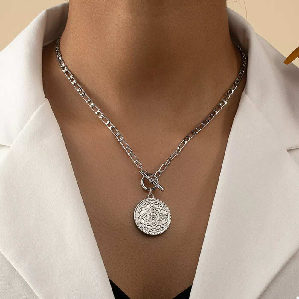 Chain Link Necklace with Vintage Coin Pendant - Trendsi - Flyclothing LLC