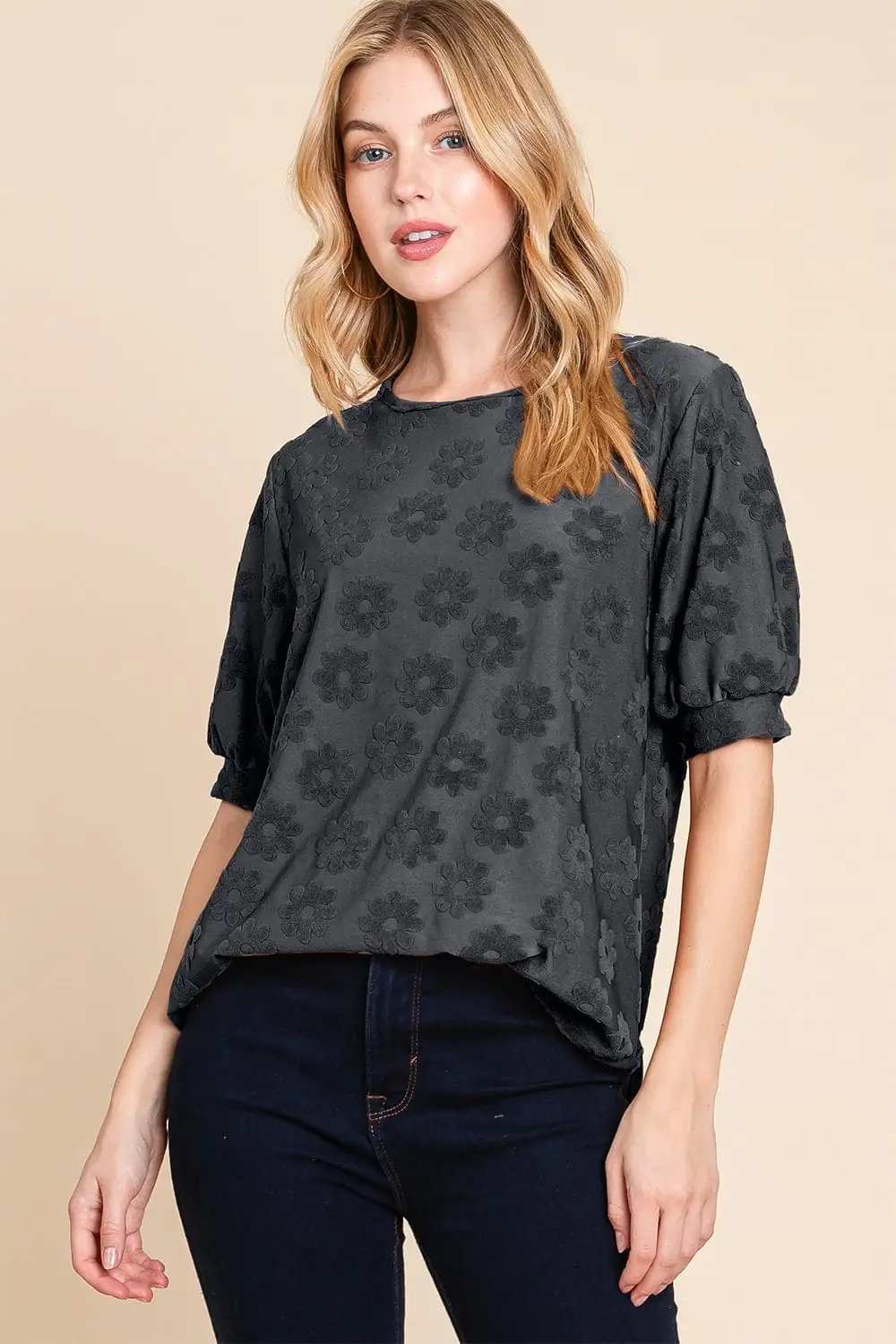 BOMBOM Textured Floral Pattern Top - Trendsi - Flyclothing LLC