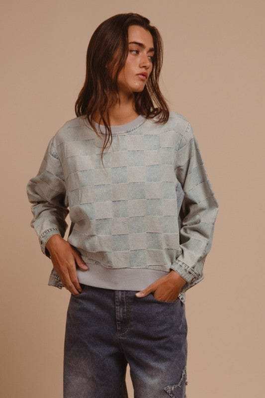 BiBi Mineral Washed Checkered Round Neck Denim Top - Trendsi - Flyclothing LLC