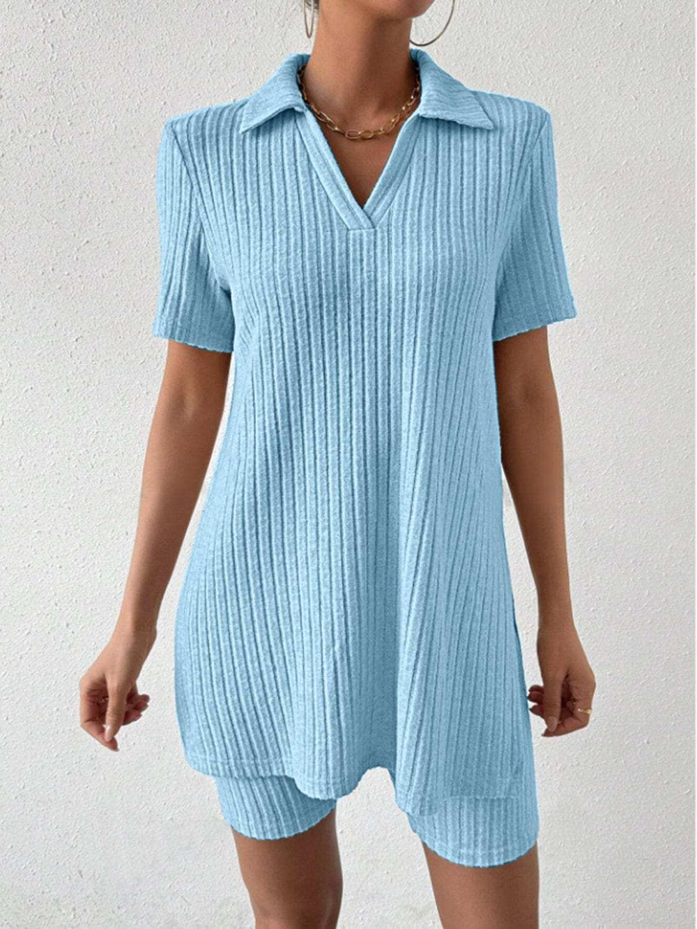 Johnny Collar Short Sleeve Top and Shorts Set - Trendsi - Flyclothing LLC