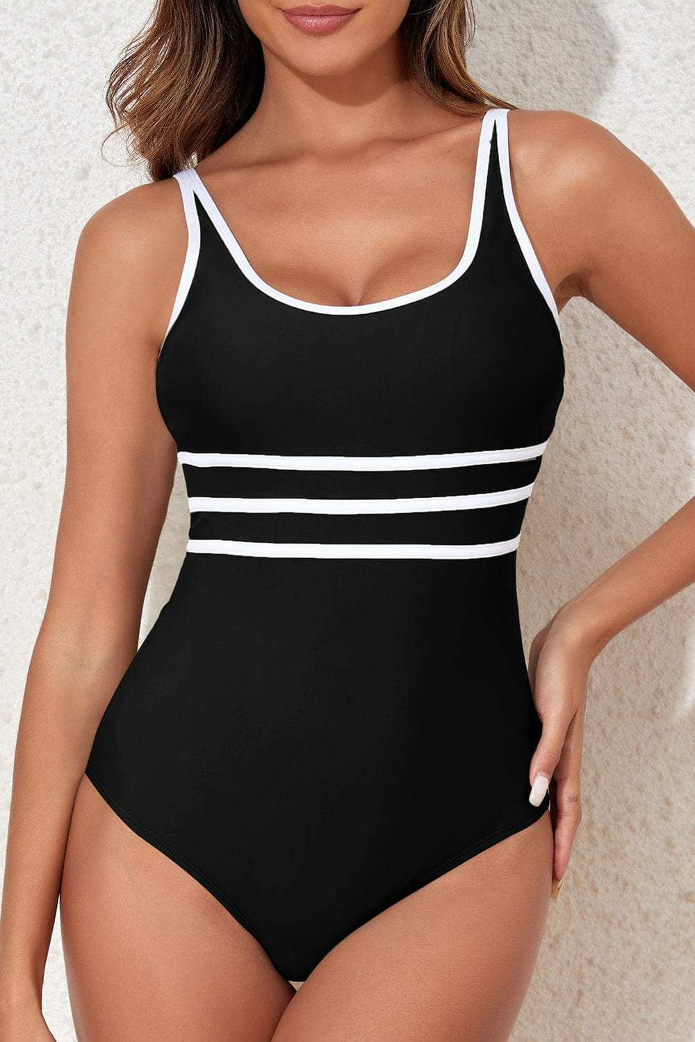 Contrast Trim Scoop Neck One-Piece Swimwear - Trendsi - Flyclothing LLC