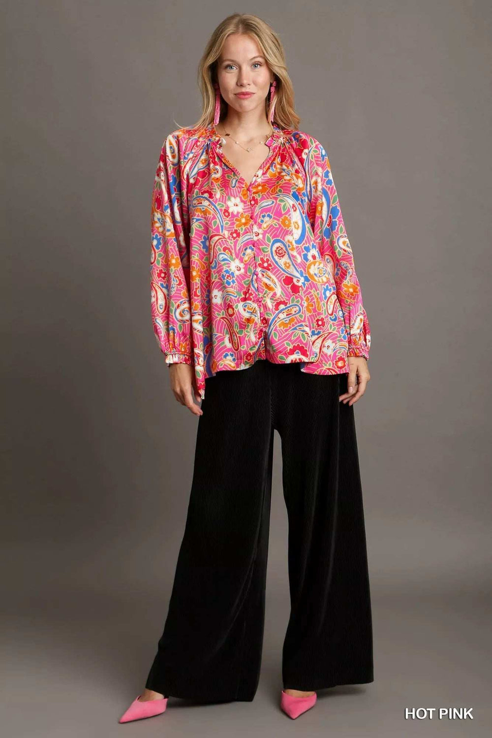 Umgee Full Size Satin Paisley Ruffle Neck Button-Up Shirt Plus Size - Trendsi - Flyclothing LLC