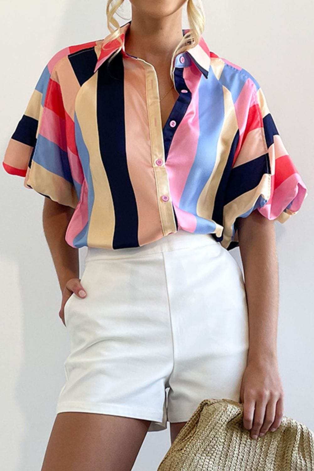 Color Block Button Up Balloon Sleeve Shirt - Trendsi - Flyclothing LLC