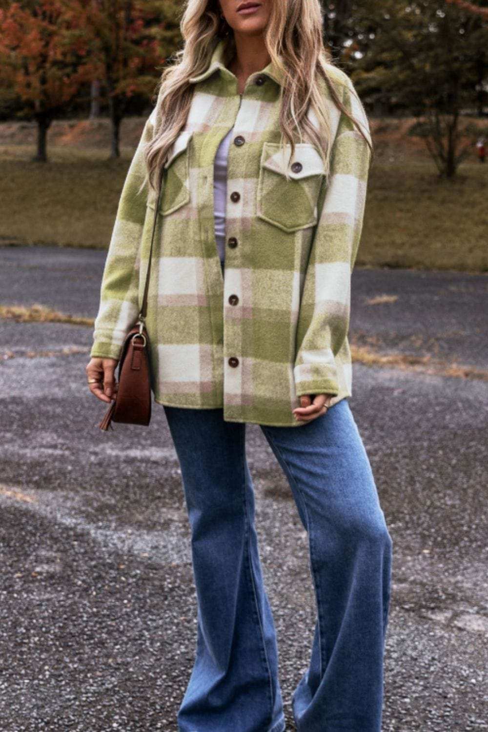 Pocketed Plaid Collared Neck Shacket - Trendsi - Flyclothing LLC