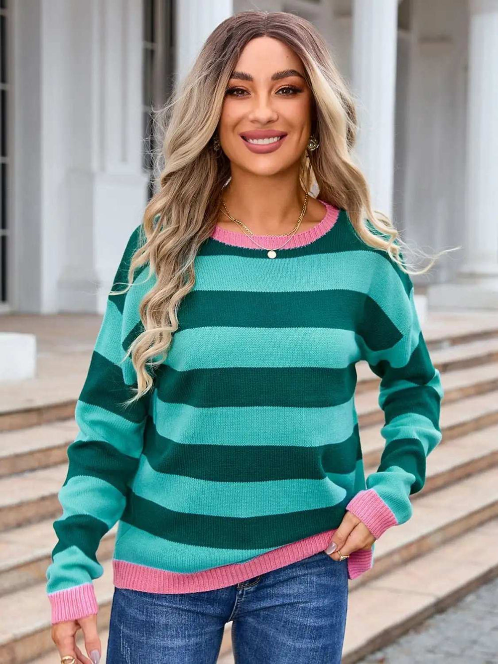 Striped Round Neck Dropped Shoulder Sweater - Trendsi - Flyclothing LLC