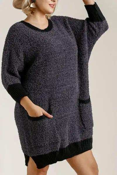 Umgee Full Size Ribbed Hem Round Neck 3/4 Sleeve Sweater Dress with Pockets Plus Size - Trendsi - Flyclothing LLC