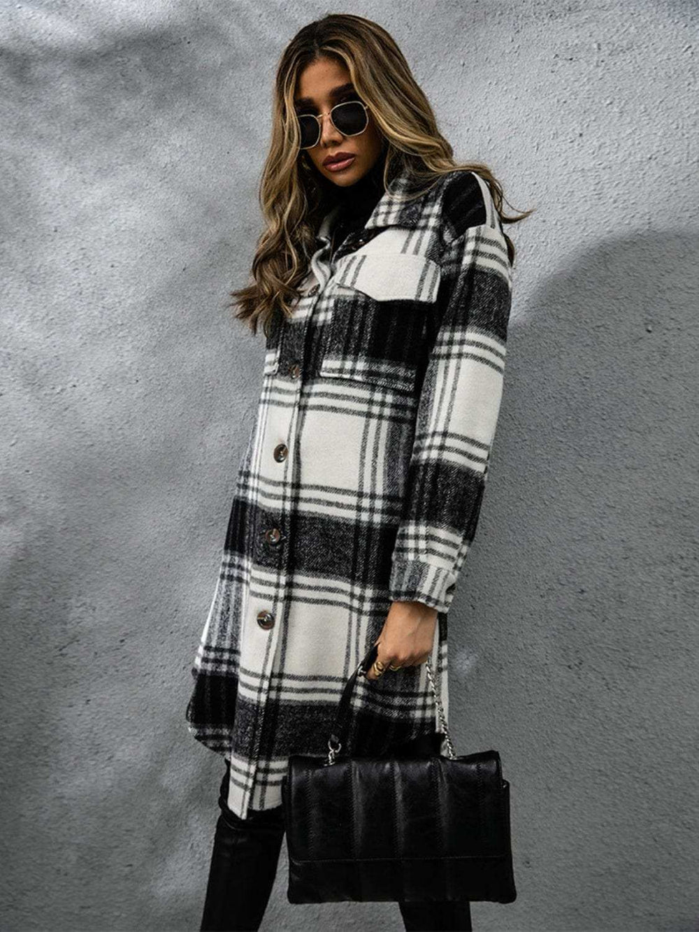 Plaid Collared Neck Long Sleeve Coat - Trendsi - Flyclothing LLC
