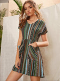 Pocketed Striped Short Sleeve Dress - Trendsi - Flyclothing LLC