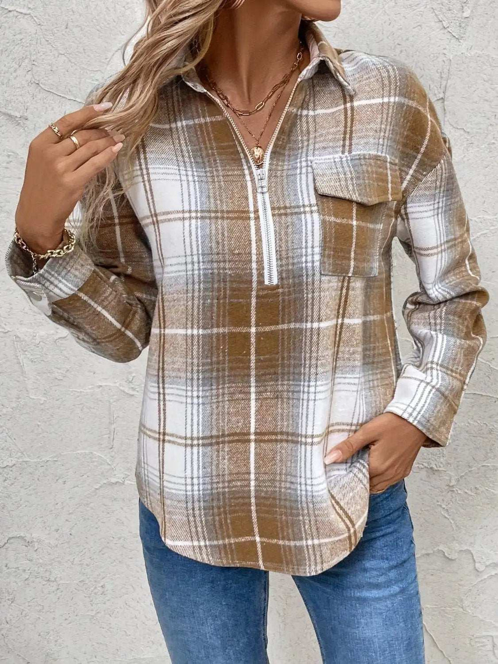 Plaid Collared Neck Half Zip Long Sleeve Top - Trendsi - Flyclothing LLC
