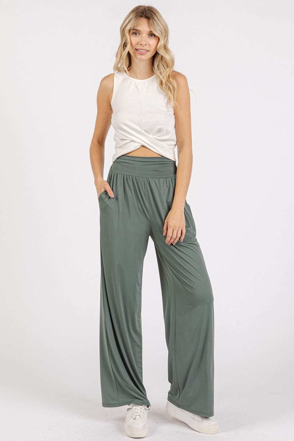Mittoshop Stretch Banded Waist Wide Leg Pants with Pockets - Trendsi - Flyclothing LLC