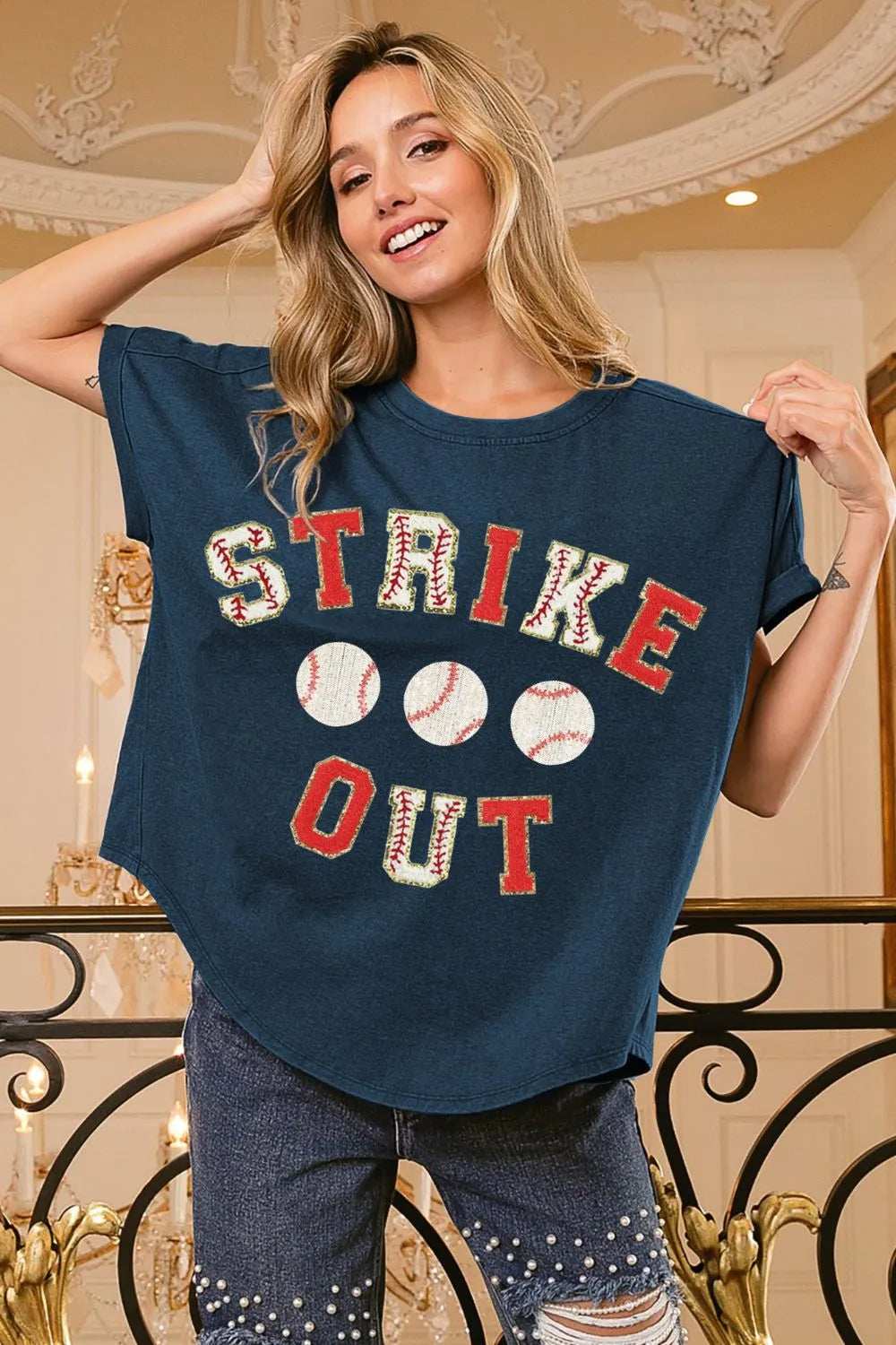 BiBi Strikeout Letter Patches Washed Short Sleeve Top - Trendsi - Flyclothing LLC