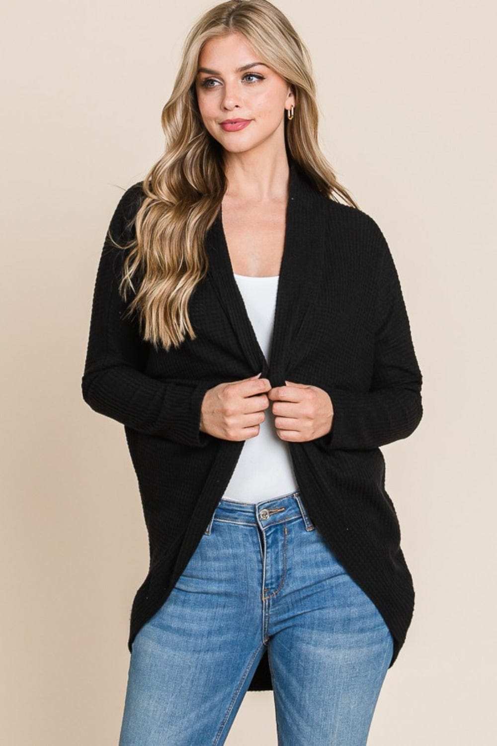 BOMBOM Open Front Waffle Knit Cocoon Cardigan - Trendsi - Flyclothing LLC