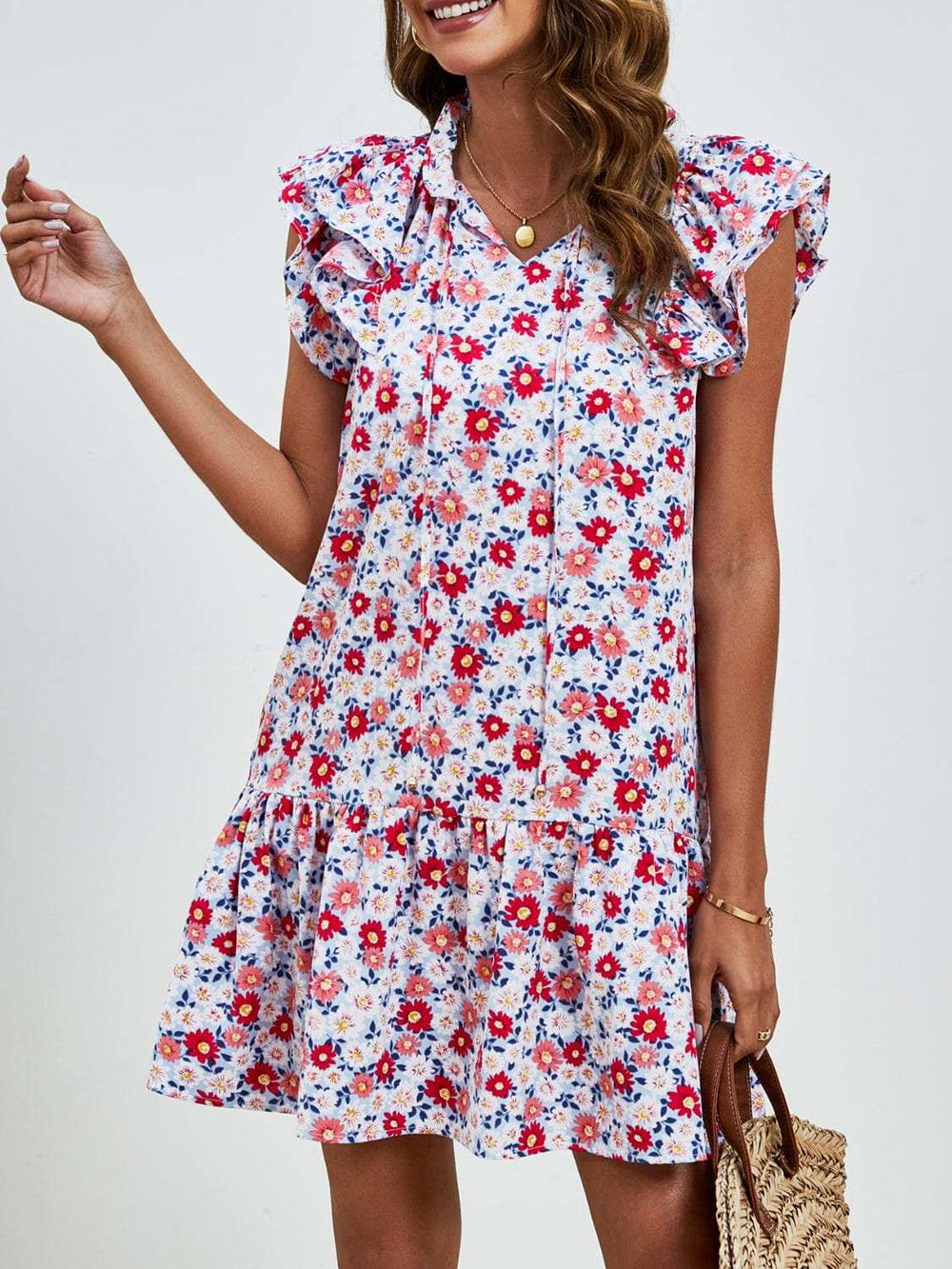 Tied Floral Cap Sleeve Mini Dress - Trendsi - Flyclothing LLC