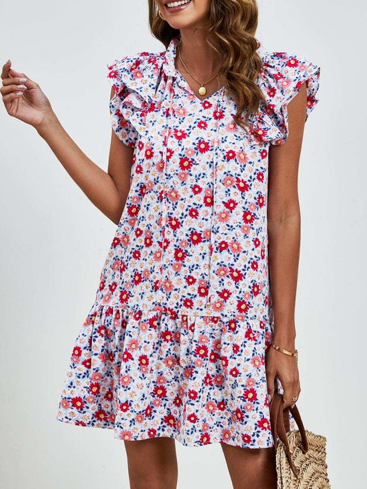Tied Floral Cap Sleeve Mini Dress - Trendsi - Flyclothing LLC