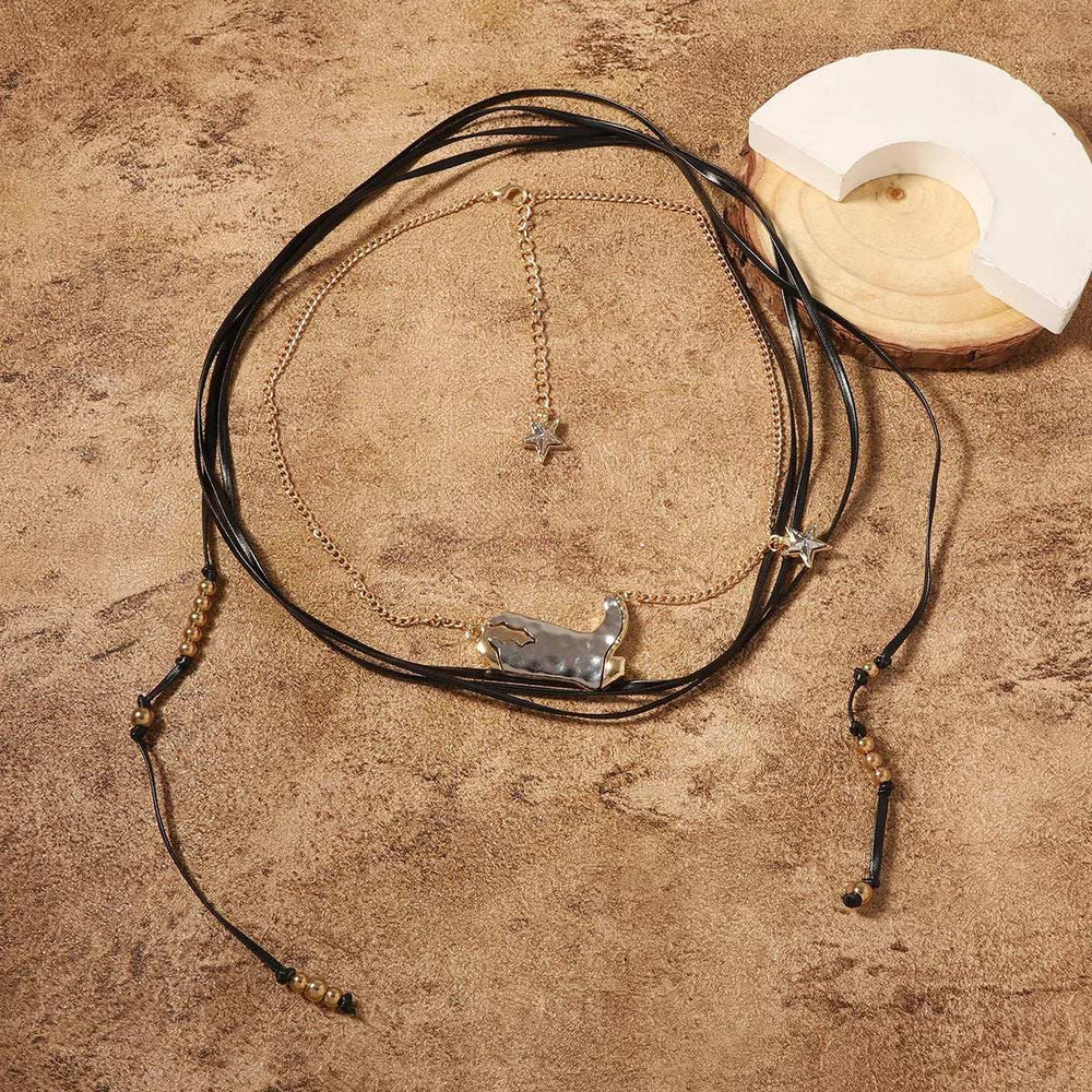 2 Piece Layered Leather Cord Boot Pendant Necklace - Trendsi - Flyclothing LLC