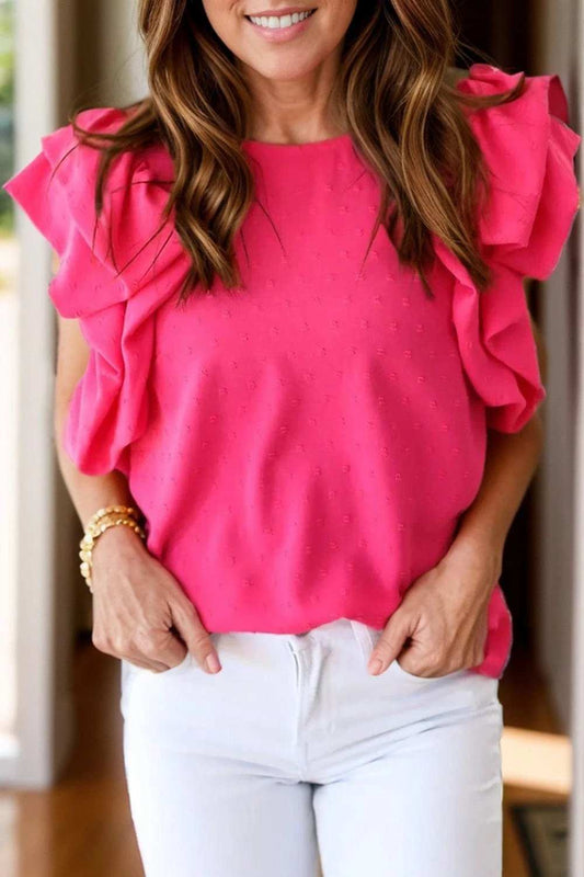 Swiss Dot Round Neck Cap Sleeve Blouse - Trendsi - Flyclothing LLC