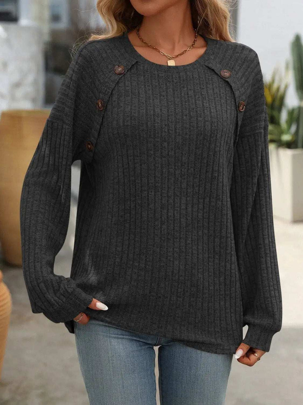 Decor Button Long Sleeve Ribbed T-Shirt - Trendsi - Flyclothing LLC