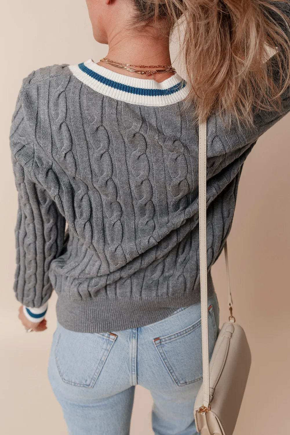 Cable-Knit V-Neck Long Sleeve Sweater - Trendsi - Flyclothing LLC
