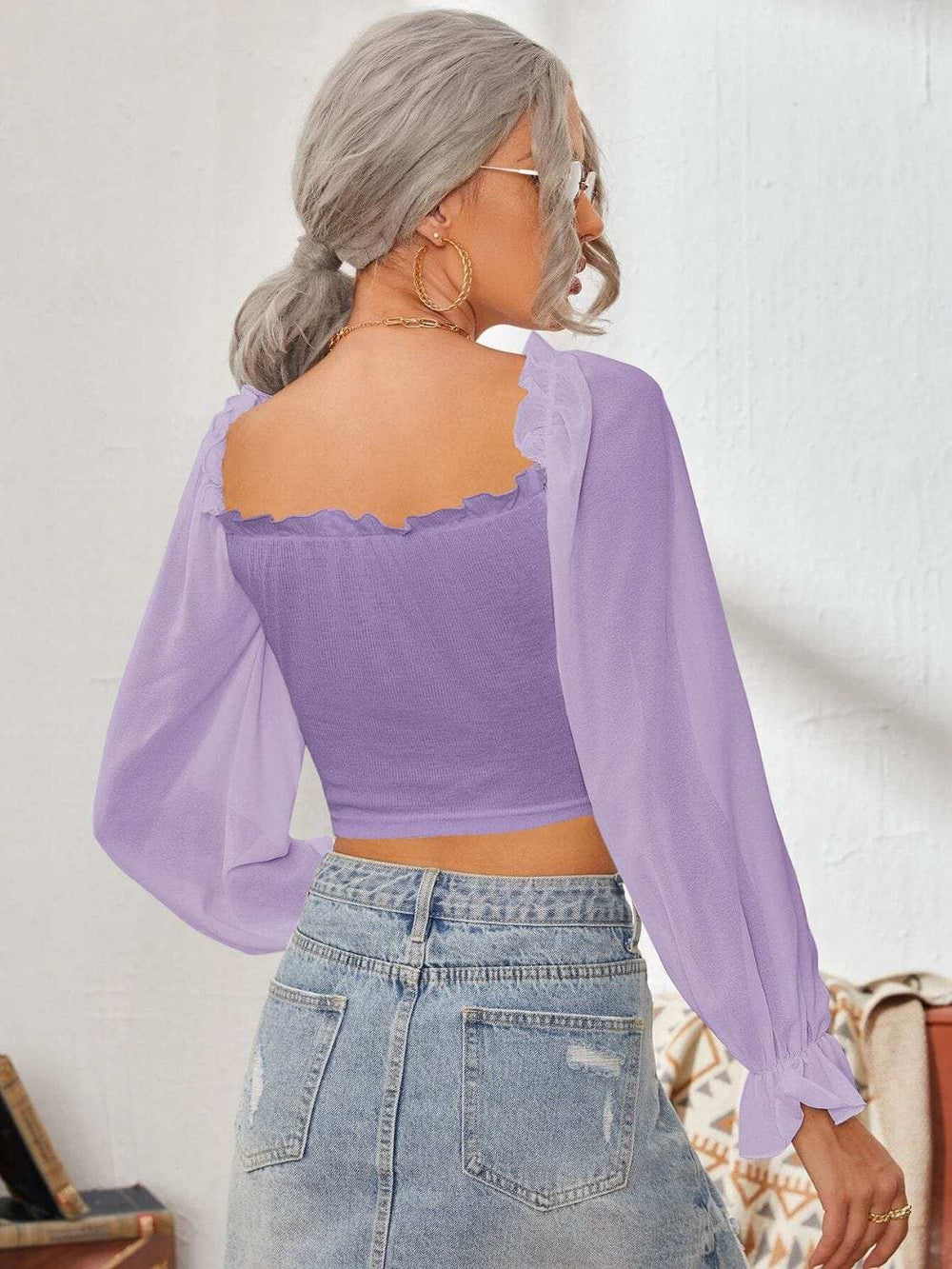 Mesh Sweetheart Neck Flounce Sleeve Top - Trendsi - Flyclothing LLC
