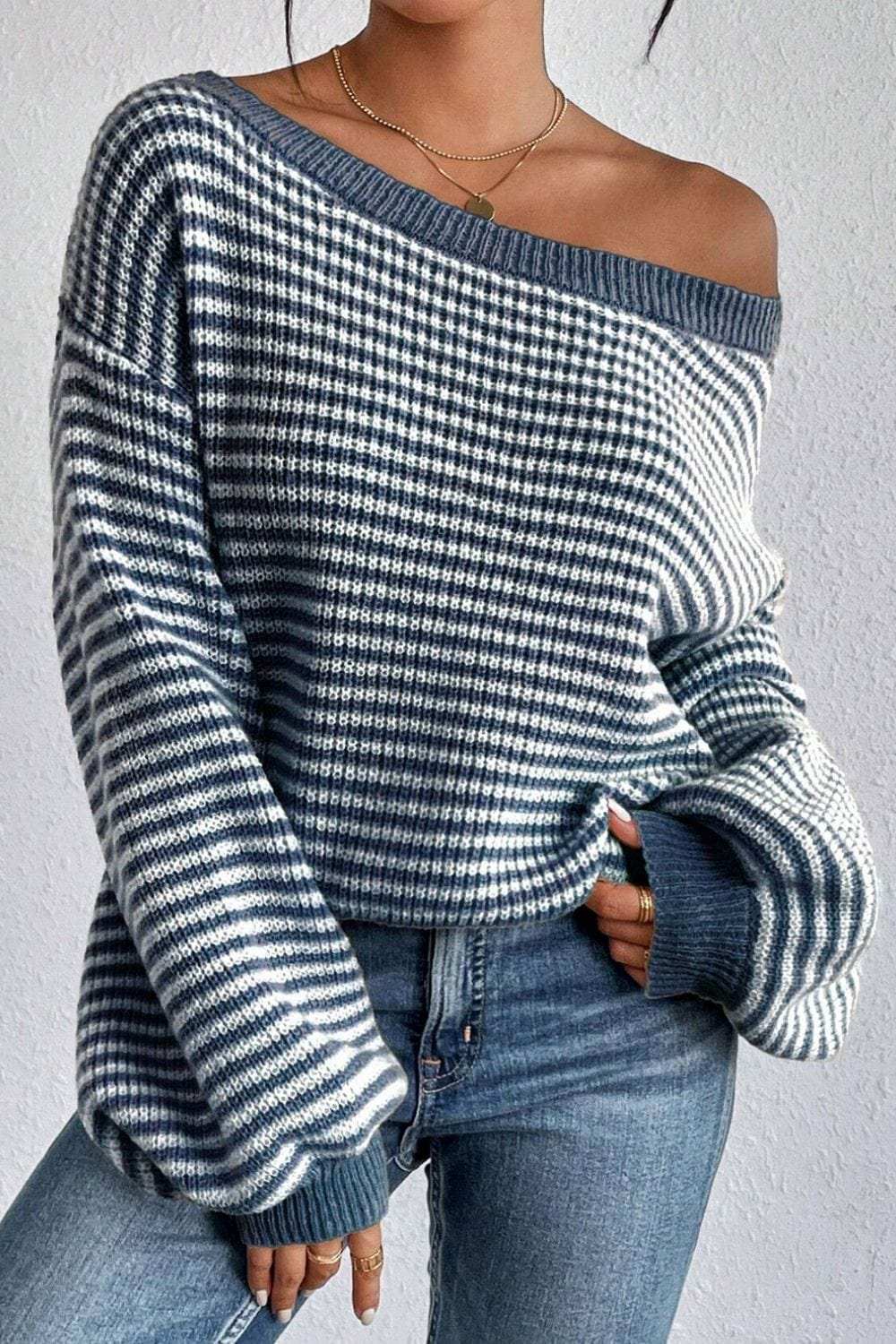 Striped Boat Neck Long Sleeve Sweater - Trendsi - Flyclothing LLC
