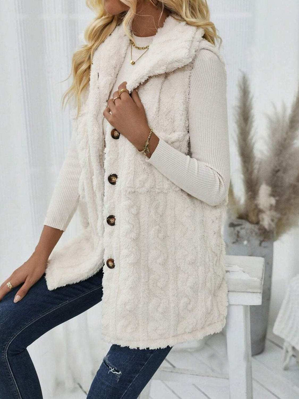 Fuzzy Button Up Vest Coat - Trendsi - Flyclothing LLC
