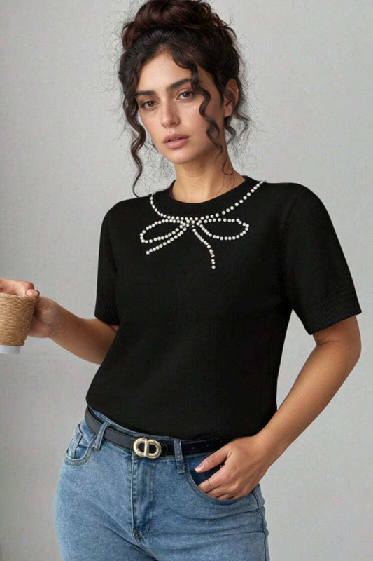 Pearl Bow Necklace Embellished Short Sleeve Knit Top - Trendsi - Flyclothing LLC