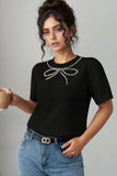 Pearl Bow Necklace Embellished Short Sleeve Knit Top - Trendsi - Flyclothing LLC