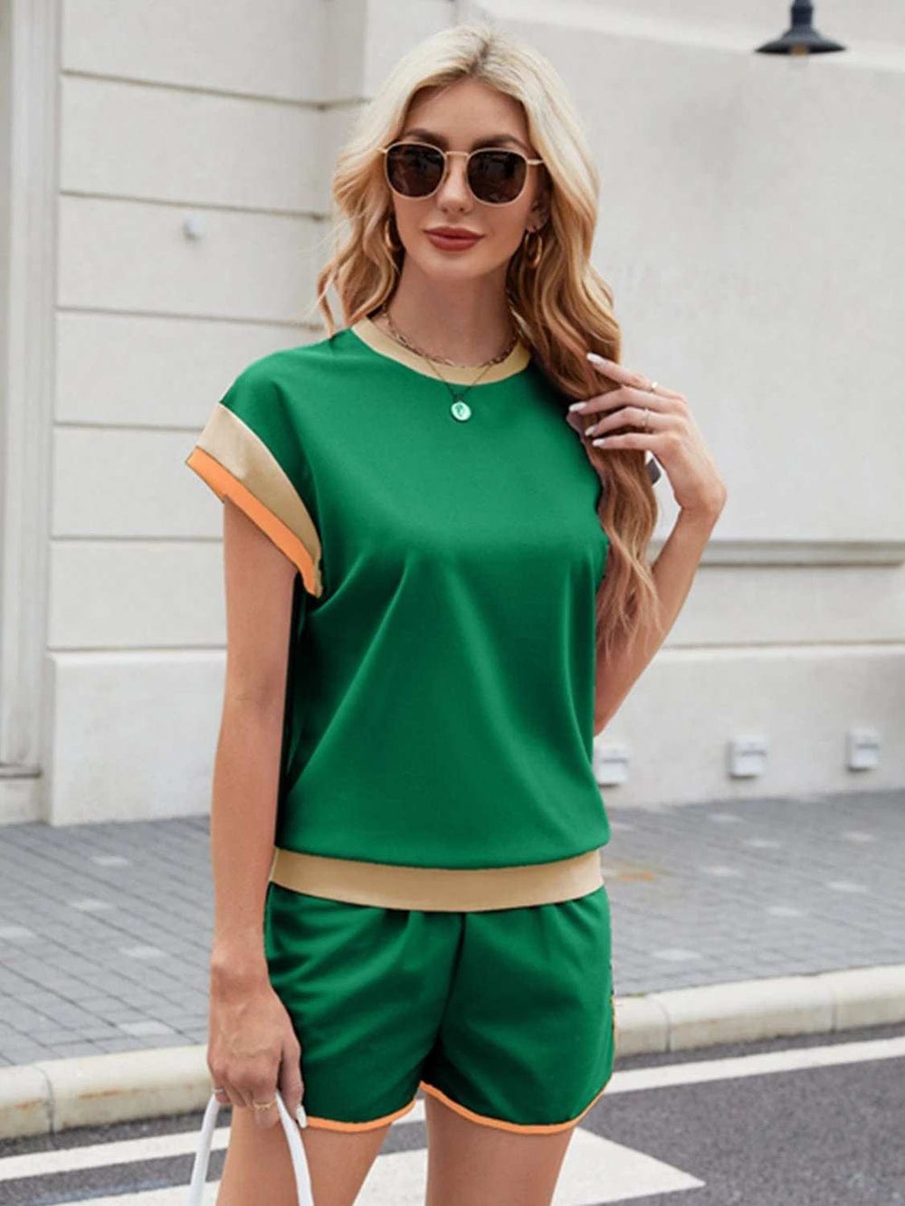 Contrast Round Neck Top and Shorts Set - Trendsi - Flyclothing LLC