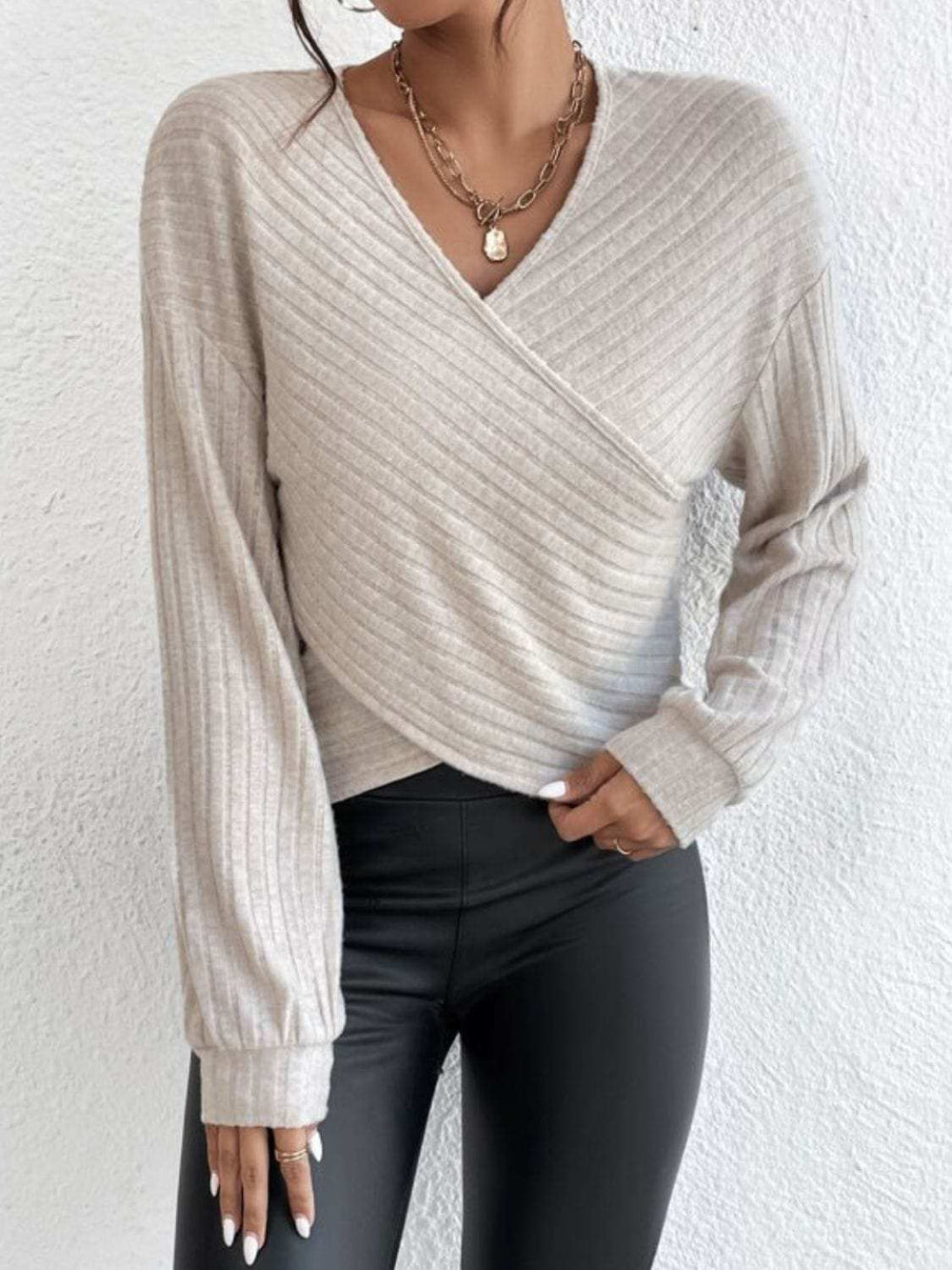 Surplice Dropped Shoulder Long Sleeve T-Shirt - Trendsi - Flyclothing LLC