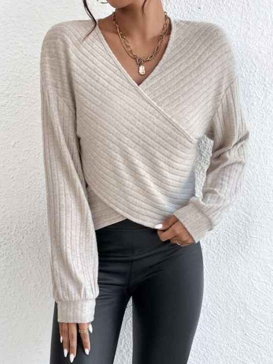 Surplice Dropped Shoulder Long Sleeve T-Shirt - Trendsi - Flyclothing LLC