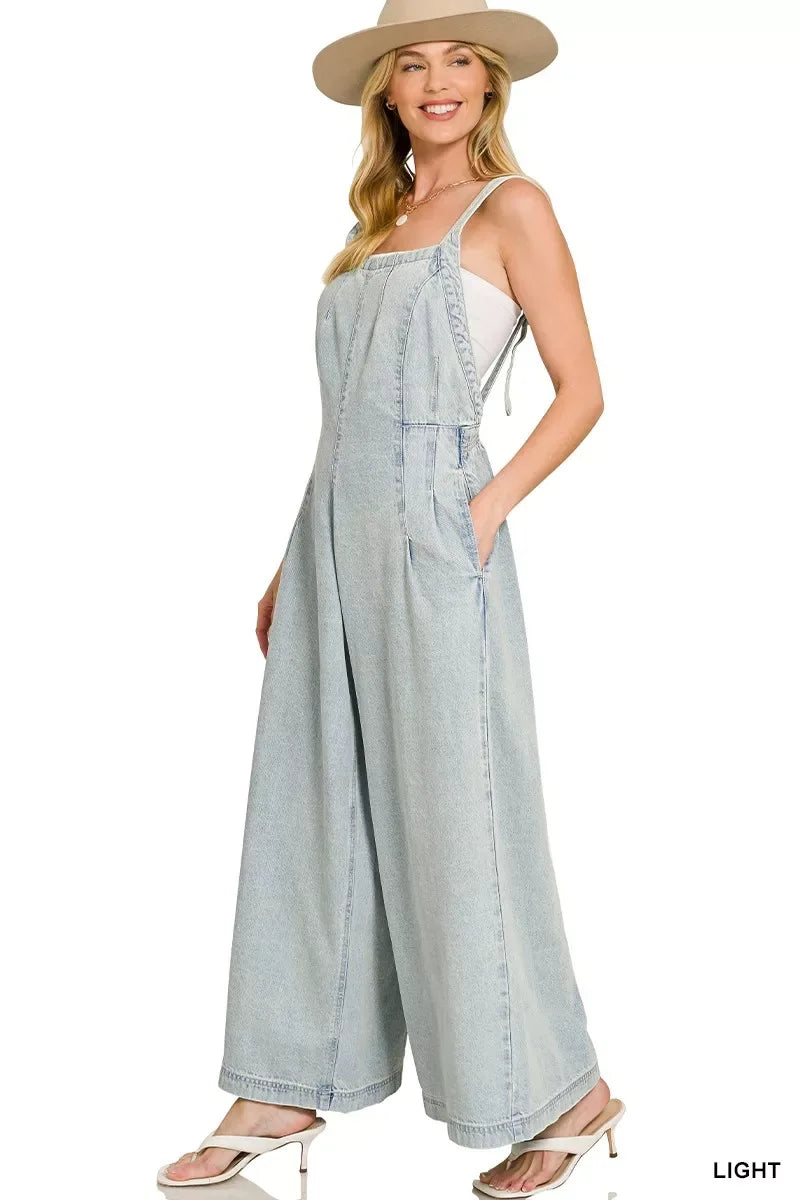 Zenana Denim Light Washed Wide Leg Overalls - Trendsi - Flyclothing LLC