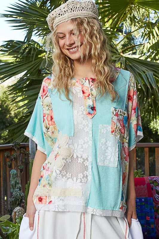 POL Lace Round Neck Short Sleeve Floral Pattern Top with Patch Detail - Trendsi - Flyclothing LLC