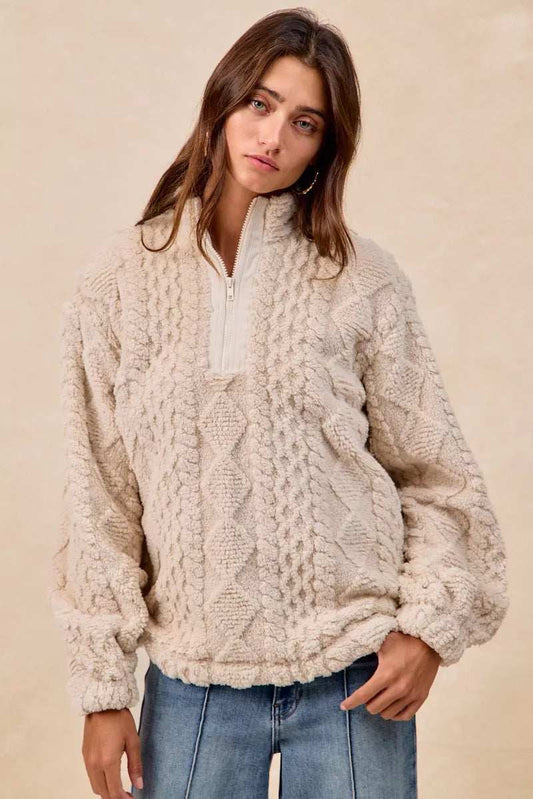 BiBi Patterned Soft Fleece Half Zip Up Top - Trendsi - Flyclothing LLC