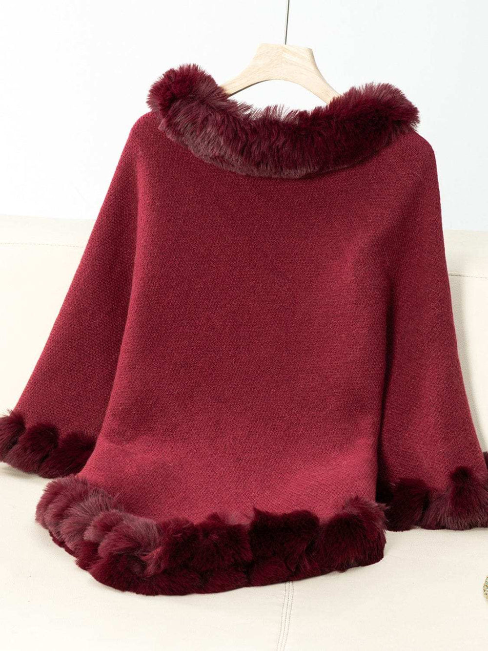 Fuzzy Trim Texture Three-Quarter Sleeve Poncho - Trendsi - Flyclothing LLC