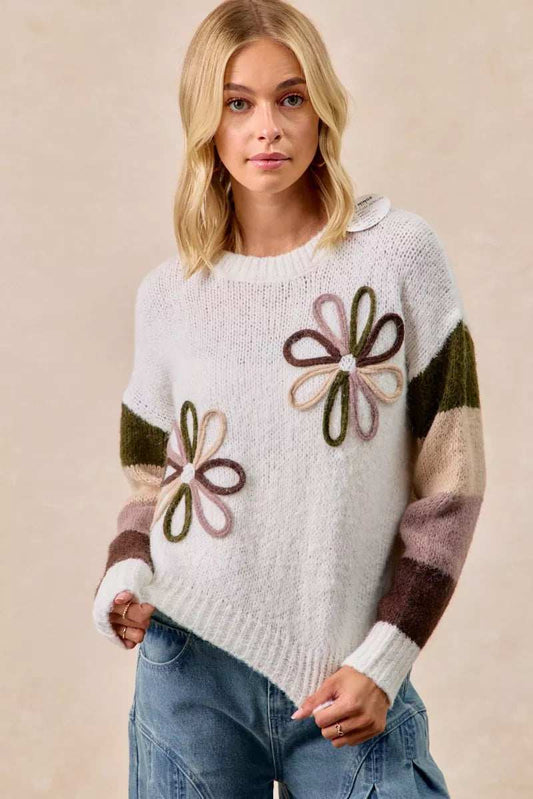 BiBi Flower Color Block Sweater - Trendsi - Flyclothing LLC