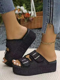 Raw Hem Wedge Buckle Sandals - Trendsi - Flyclothing LLC