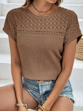 Waffle-Knit Round Neck Short Sleeve Top - Trendsi - Flyclothing LLC
