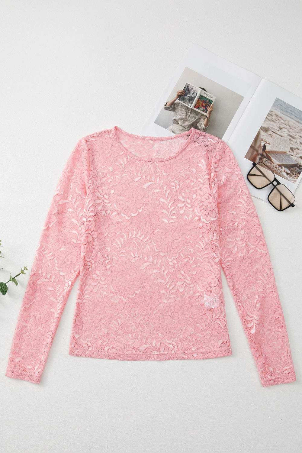 Lace Flower Round Neck Long Sleeve Top - Trendsi - Flyclothing LLC