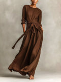Full Size Long Sleeve Tie Waist Maxi Dress Plus Size - Trendsi - Flyclothing LLC