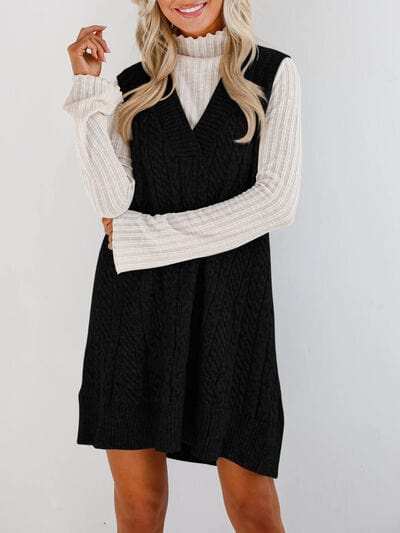 Lovelet Cable Knit V-Neck Mini Sweater Overall Dress - Trendsi - Flyclothing LLC