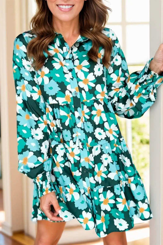 Printed Collared Neck Lantern Sleeve Mini Dress - Trendsi - Flyclothing LLC