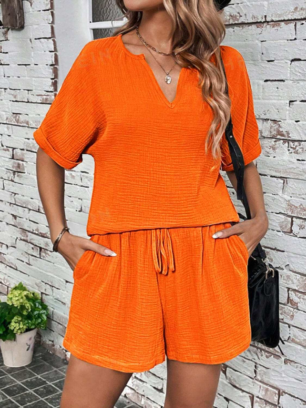 Notched Half Sleeve Top and Shorts Set - Trendsi - Flyclothing LLC